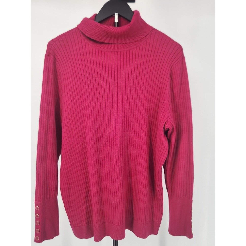 Talbots Woman Pink Ribbed Turtleneck Sweater Button Cuff Berry 2X